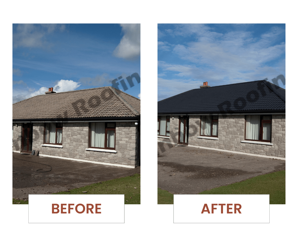 before and after pic of a house with a newly painted roof.