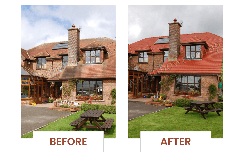  Before and after picture of a house roof that has been painted 